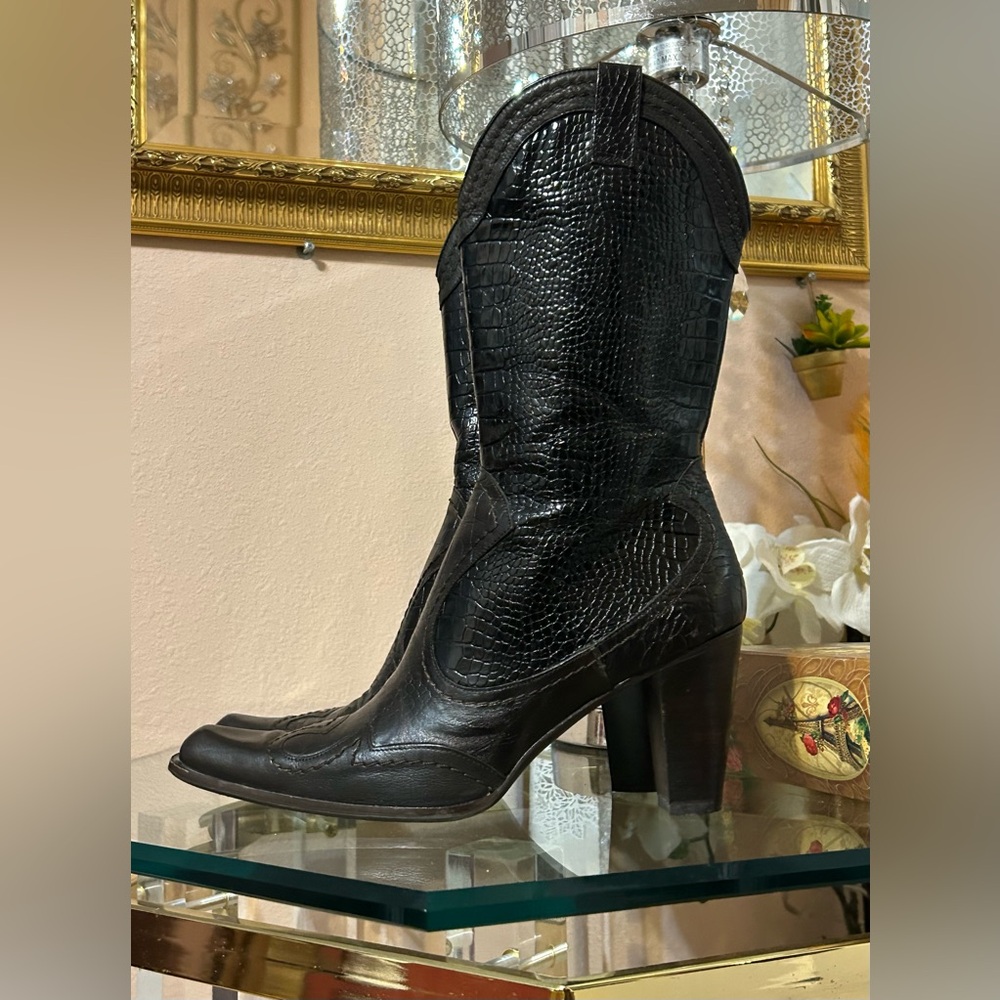Stuart Weitzman Dark Brown Embossed Alligator Heeled Western Boots Size 9.5